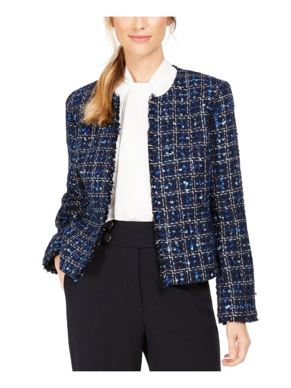 CALVIN KLEIN Blue tweed Open Front Career Jacket Blazer Size 14W